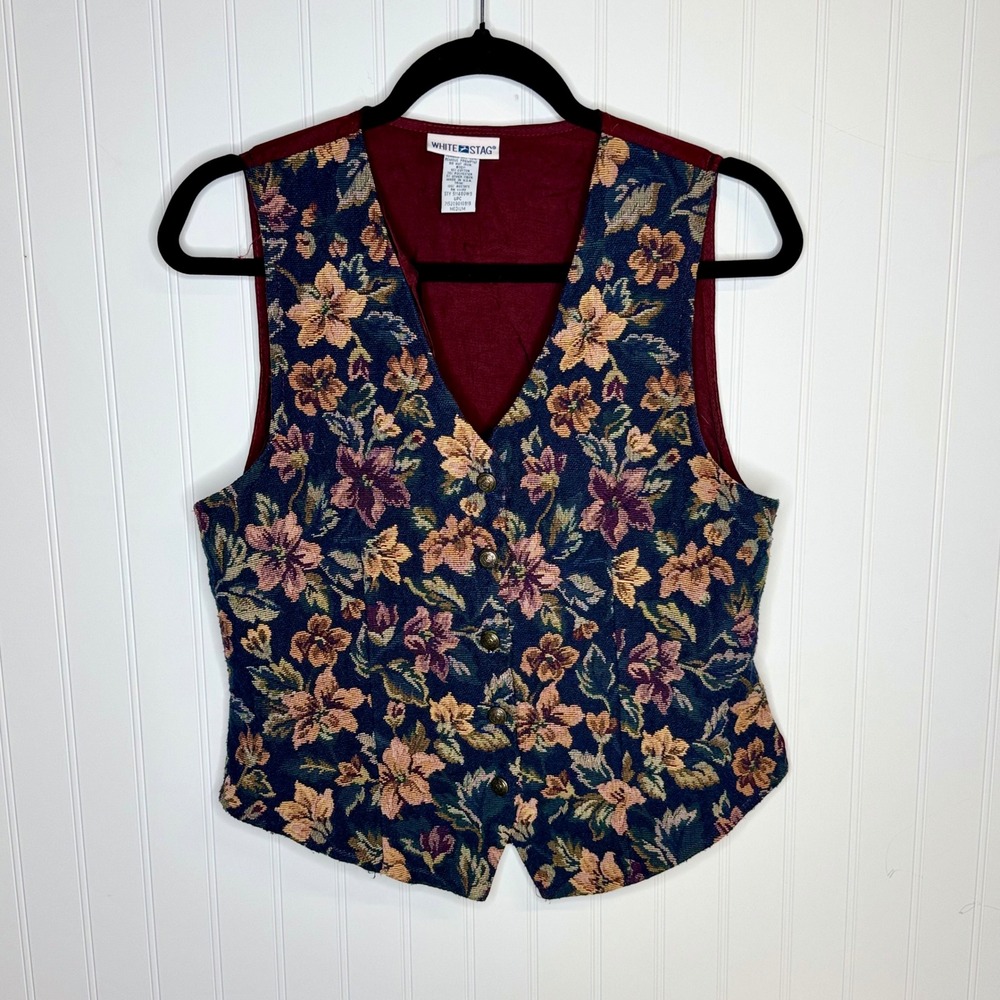 Vintage 90's White Stag M Floral Tapestry Vest Navy Burgundy Woven Button Front